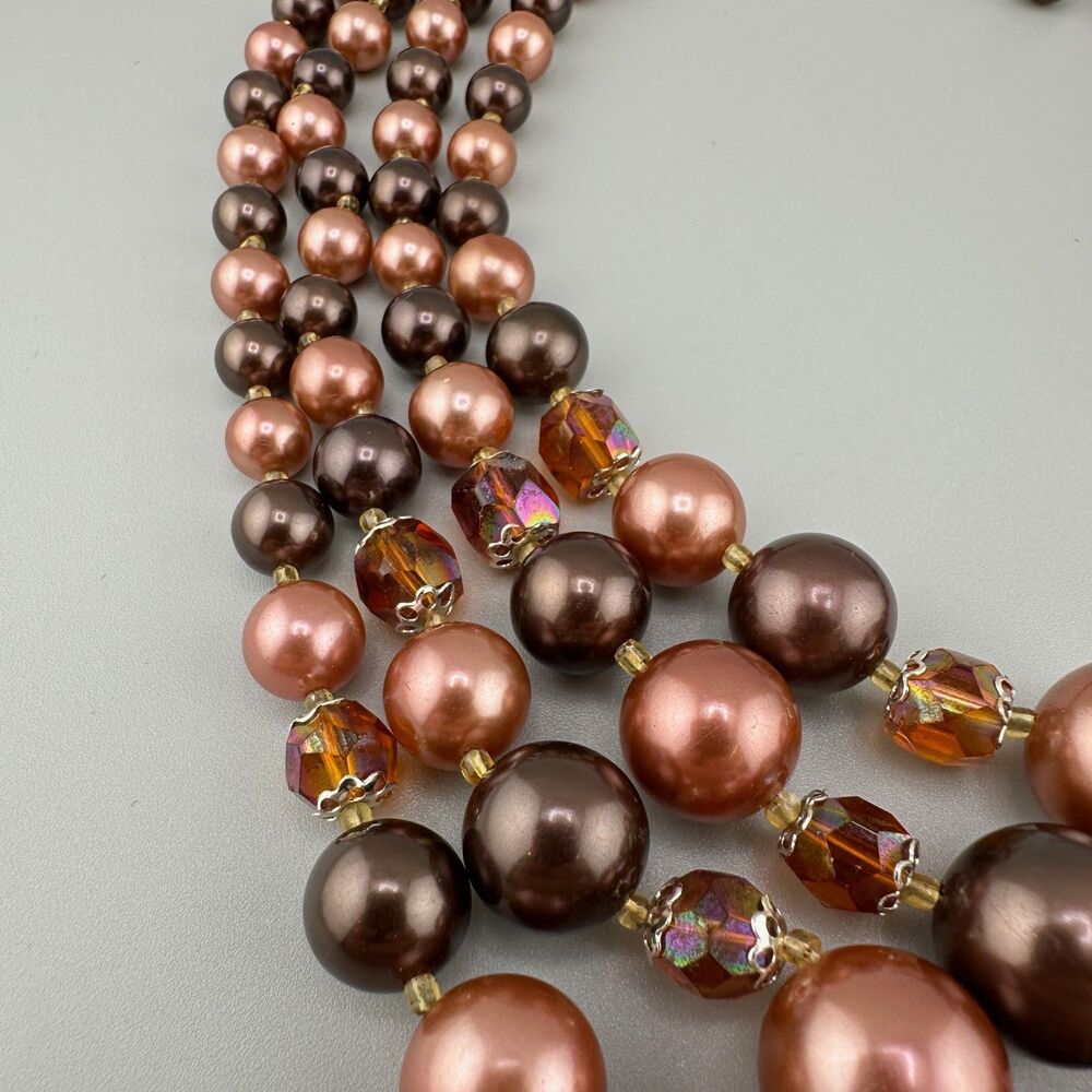 Vintage Japan Faux Pearl Necklace Multi Strand Topaz Root Beer Color AB Beads - Picture 5 of 16